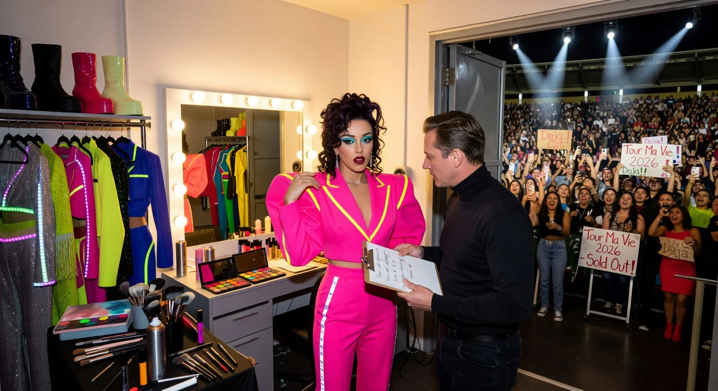 Doja Cat backstage at Mexico City arena, styled in 1980s fashion, preparing for sold-out tour show with fans chanting outside.