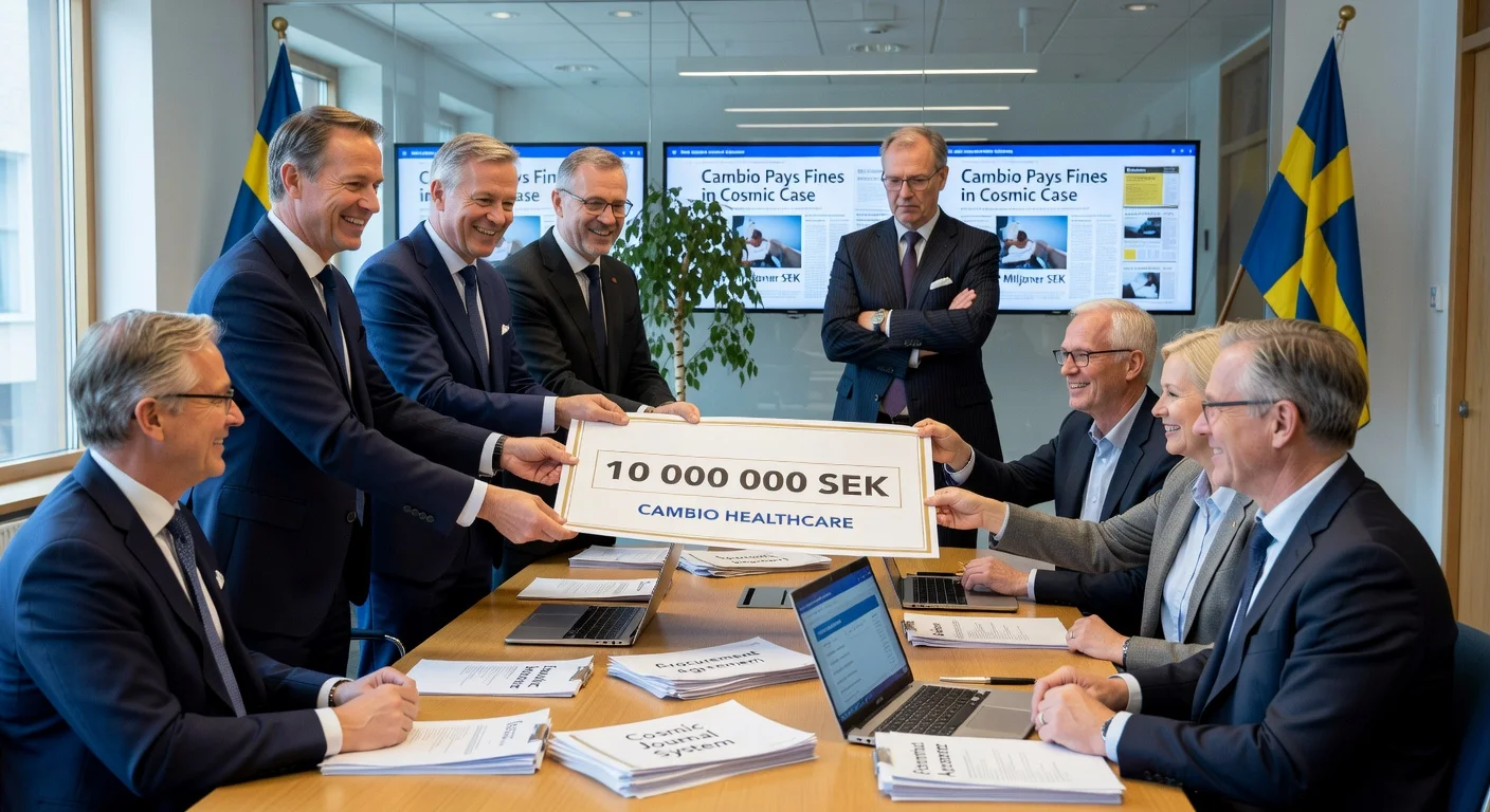 Illustration of Cambio Healthcare executives paying Region Dalarna's fines for the Cosmic procurement scandal, with disapproving Konkurrensverket observer.