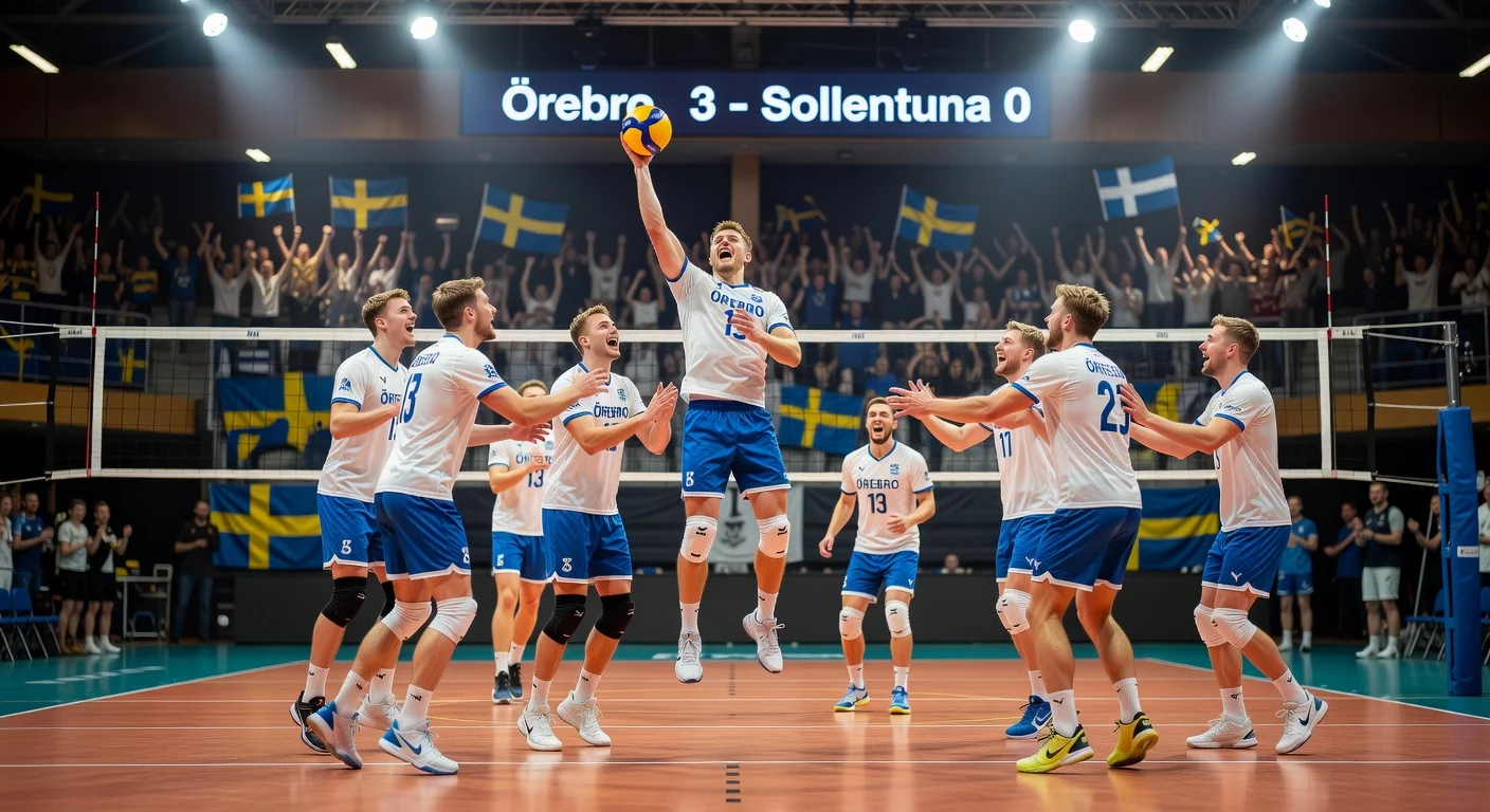 Örebro Volley players celebrate 3-0 quarterfinal series win over Sollentuna in SM playoffs volleyball match.