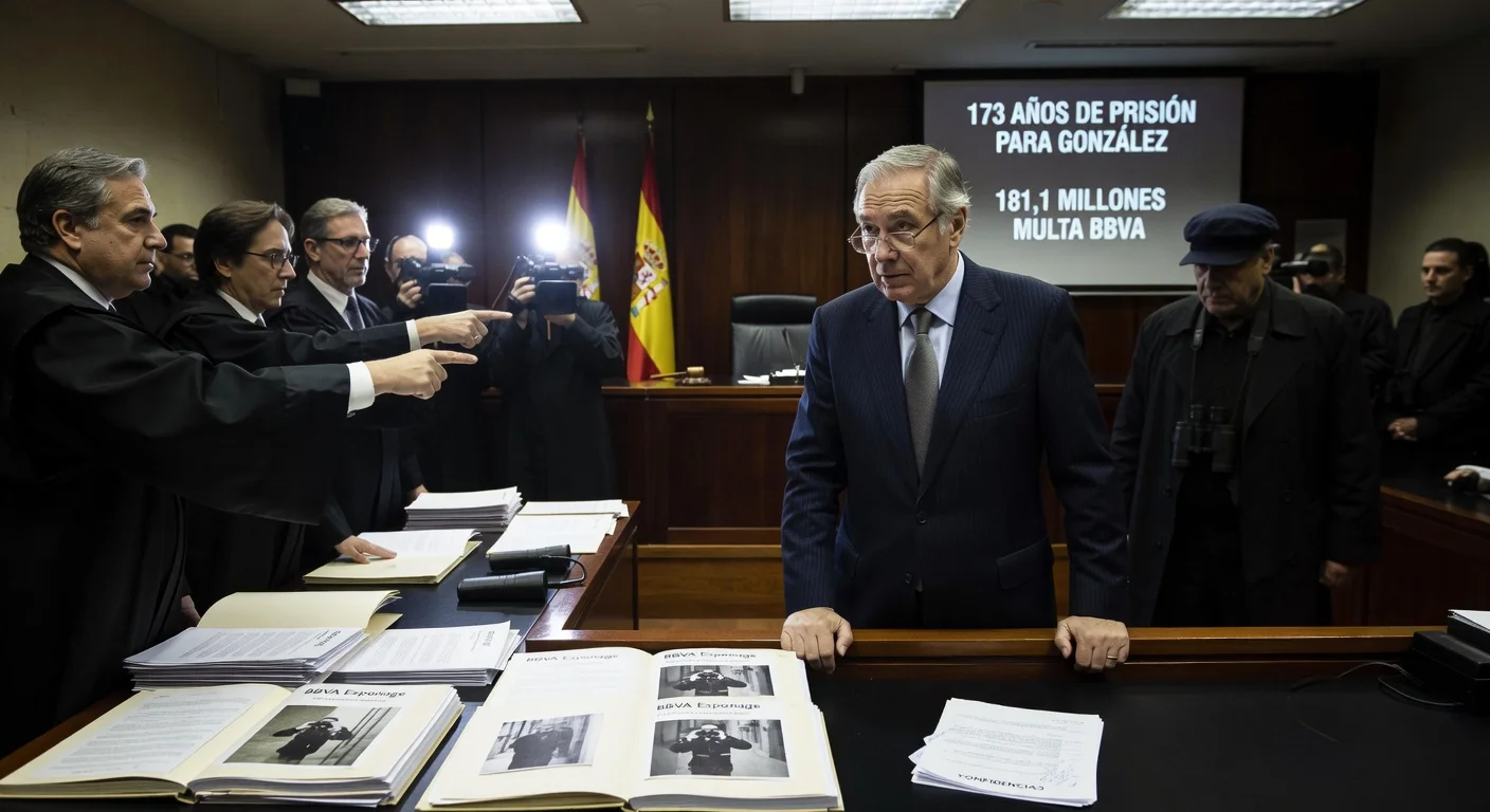 Courtroom illustration of Francisco González, ex-BBVA president, facing 173-year sentence demand in Villarejo spying case.