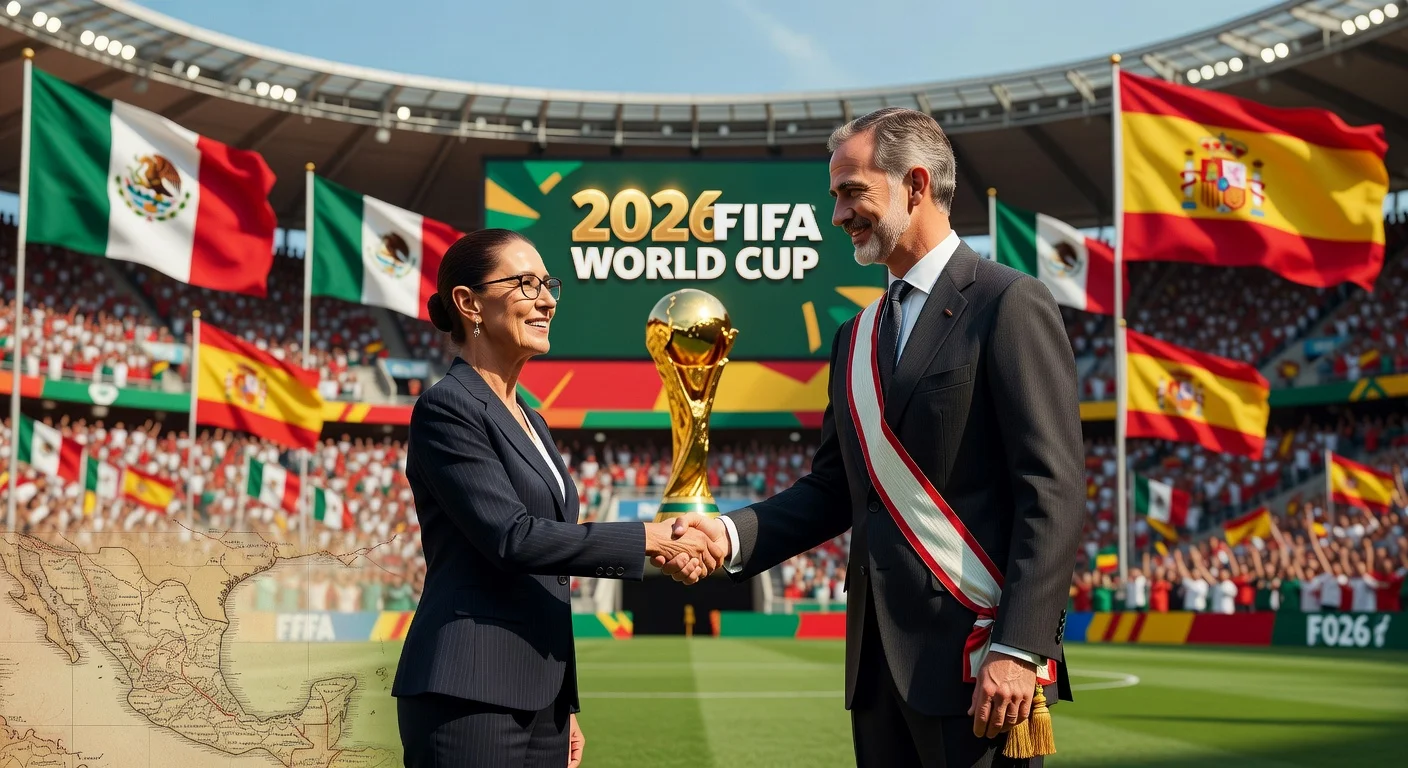 Mexican President Claudia Sheinbaum shakes hands with King Felipe VI, inviting him to the 2026 World Cup in Mexico, with stadium and flags in the background.