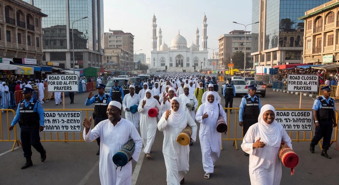 Addis Ababa police close roads for Eid al-Fitr prayers; crowds walk to mosque amid barricades.