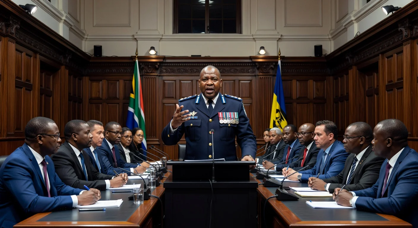 KwaZulu-Natal Police Commissioner Nhlanhla Mkhwanazi testifies against suspended deputy Sibiya at parliamentary ad hoc committee hearing.