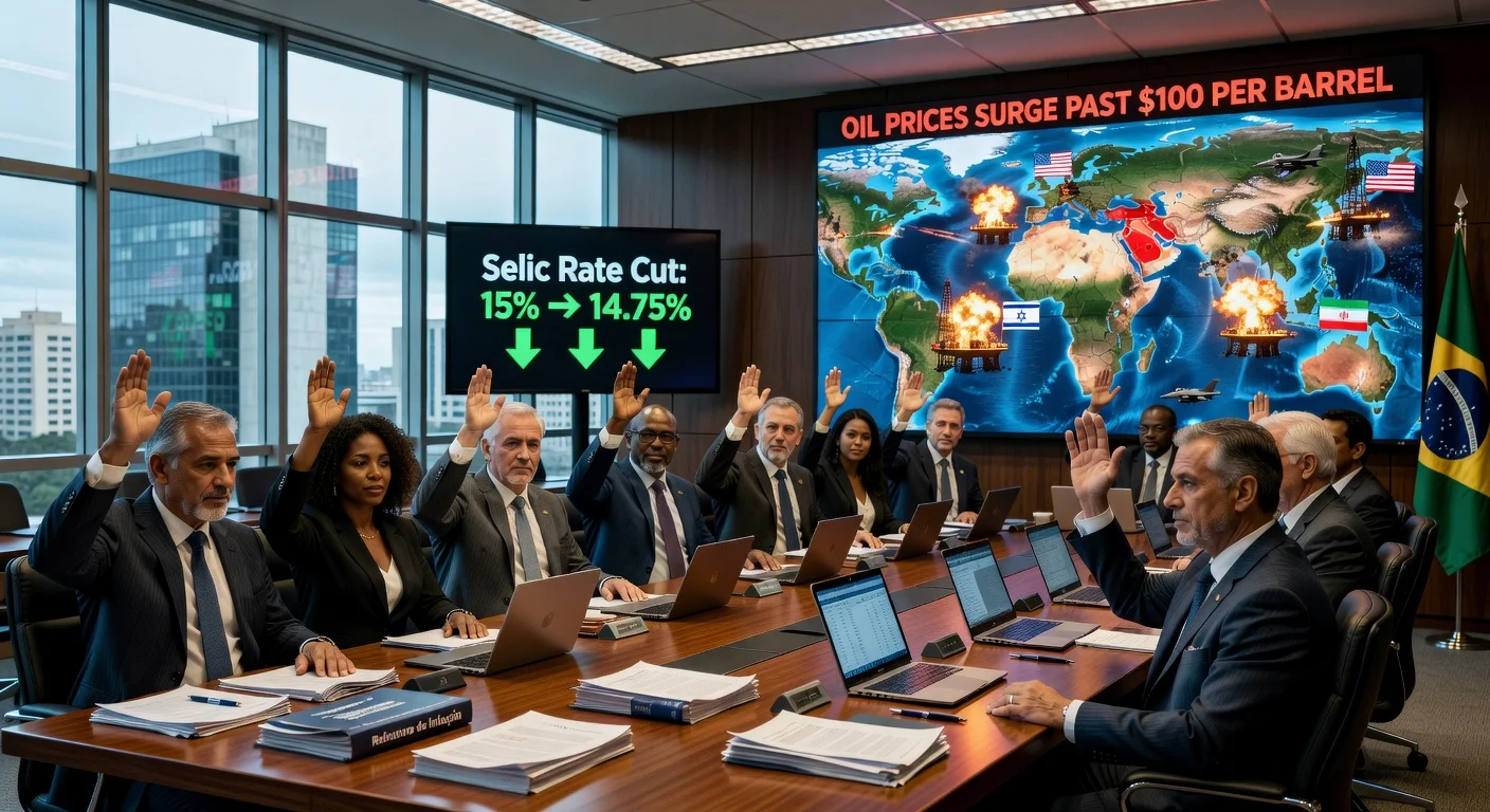 Brazil's Copom committee cuts Selic rate amid Middle East war-driven oil price spike.