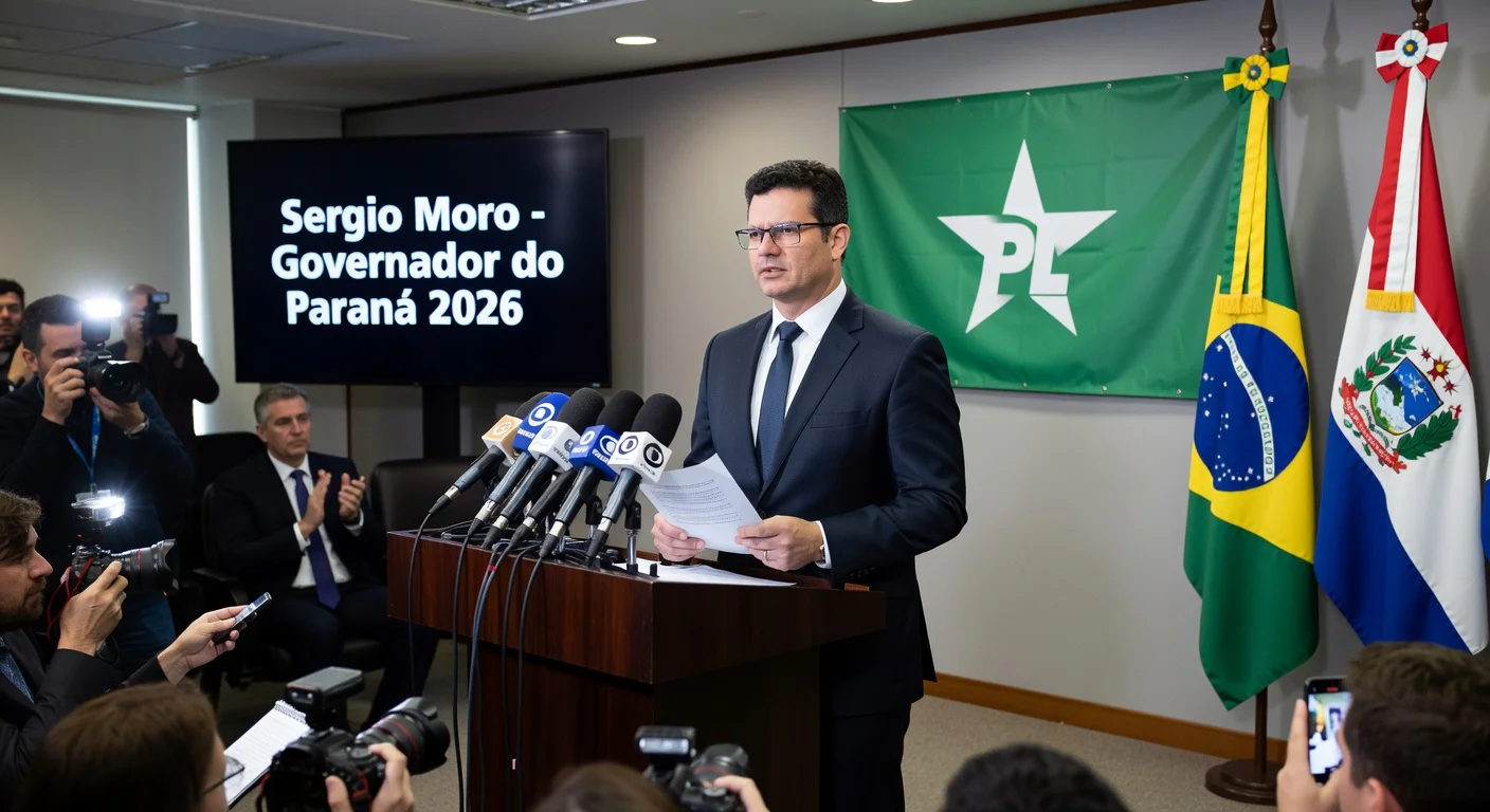 Sergio Moro at podium announcing PL party switch and Paraná governorship run, with Brazilian and state flags, PL banners, and supportive crowd.