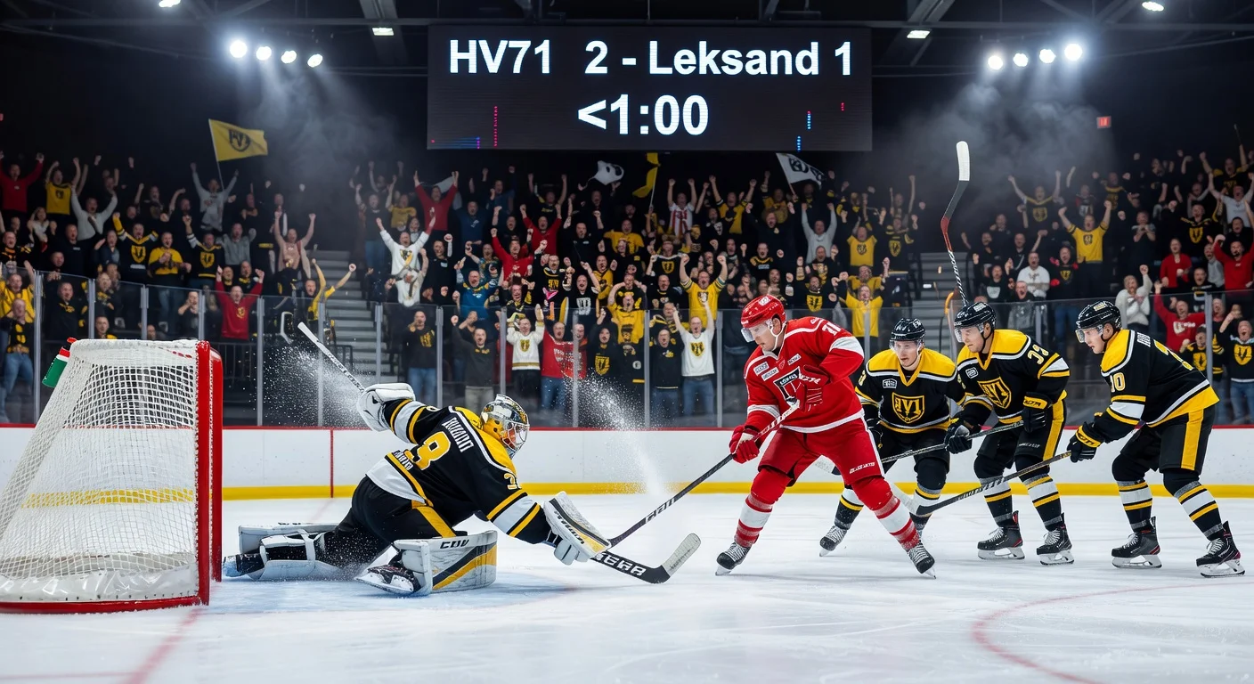 Dramatic ice hockey action shot: HV71 goalie denies Leksand's late equalizer in 2-1 SHL qualifier win.