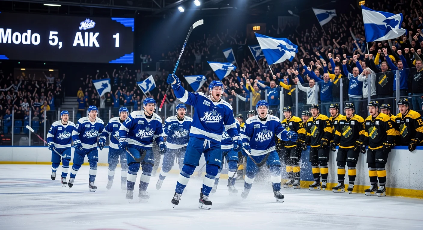 Modo Hockey players, led by Tyler Kelleher, celebrate 5-1 quarterfinal win over AIK, taking 2-0 series lead.