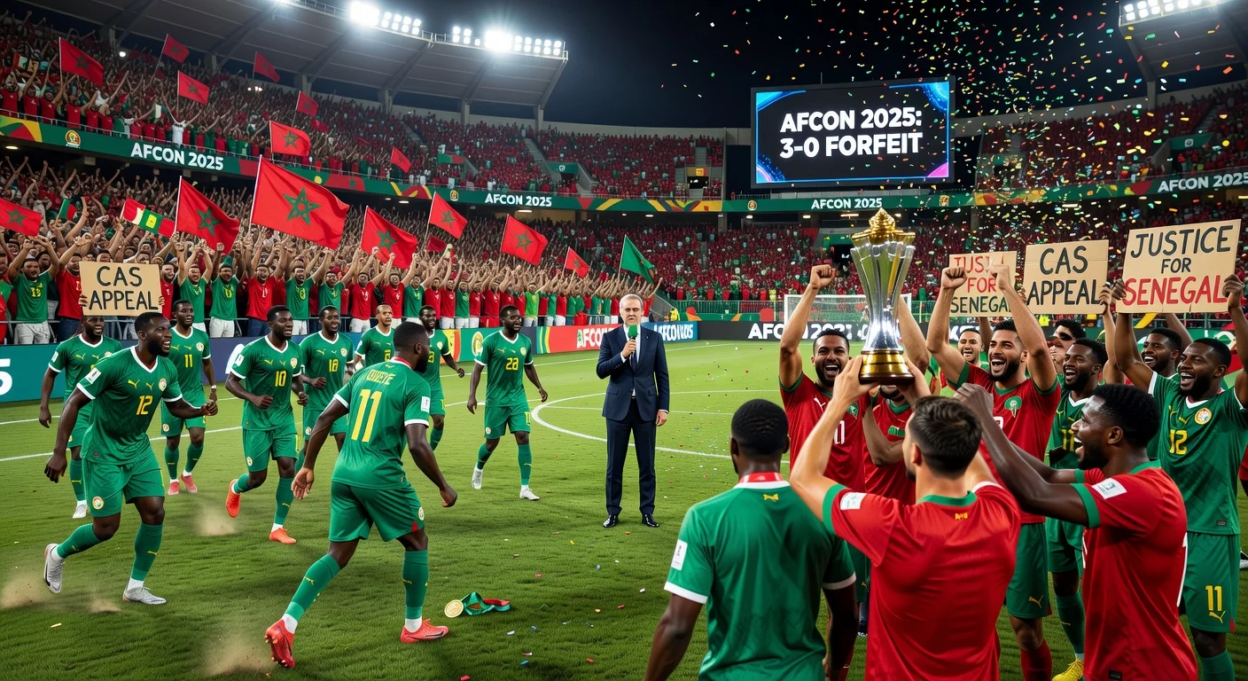 Dramatic illustration of CAF awarding AFCON 2025 to Morocco after disqualifying Senegal, with players refusing medals amid controversy.
