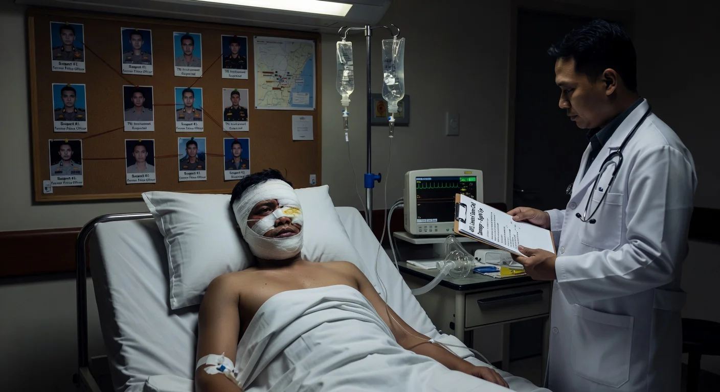 Realistic illustration of acid attack victim Andrie Yunus in ICU with bandaged eye and medical report on 40% limbal stem cell damage.