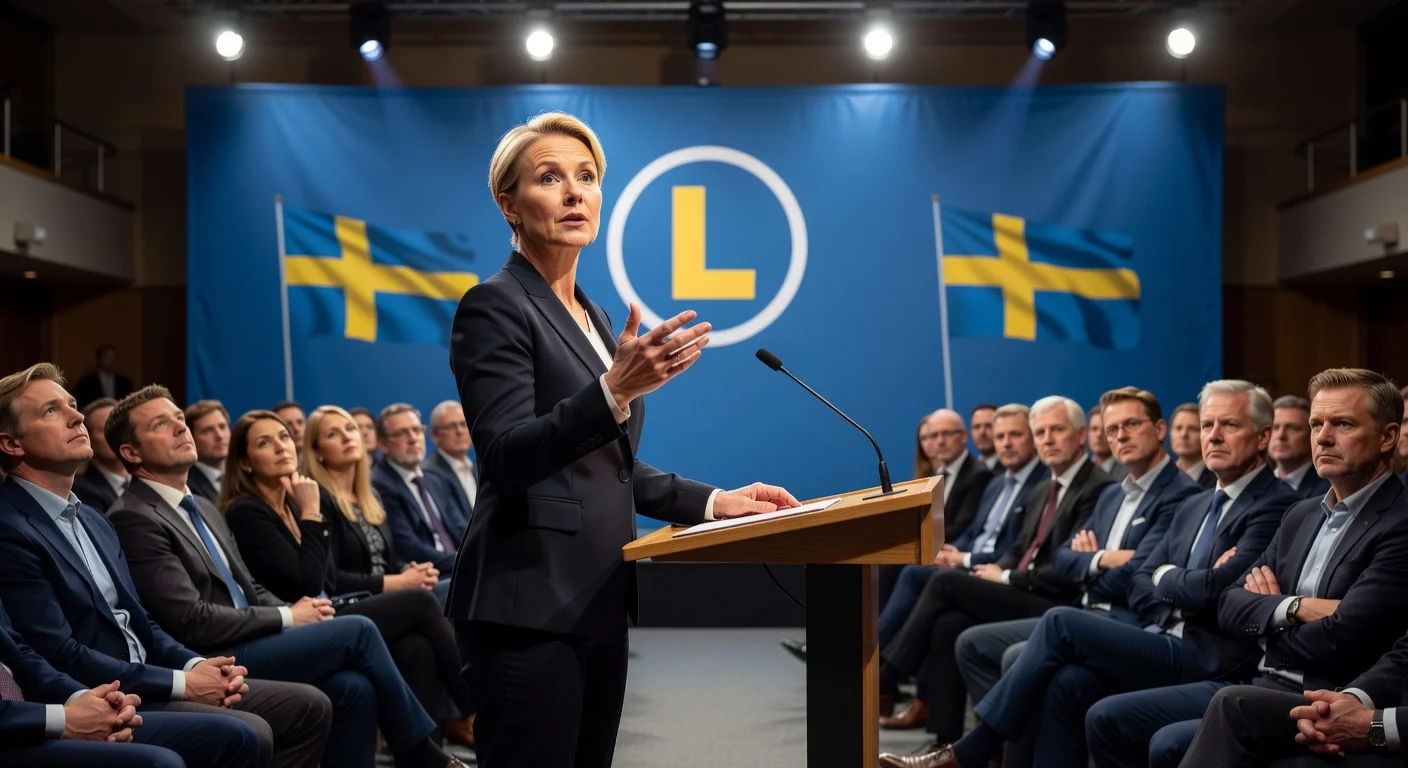 Simona Mohamsson addresses Liberal Party members on 'necessary' SD deal amid internal tensions at Stockholm meeting.