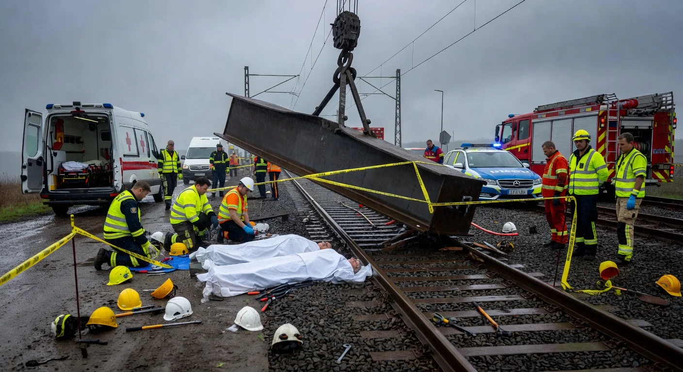 Illustration depicting a fatal railway workplace accident in Hallsberg where a fallen counterweight crushed two workers, with emergency services on site.
