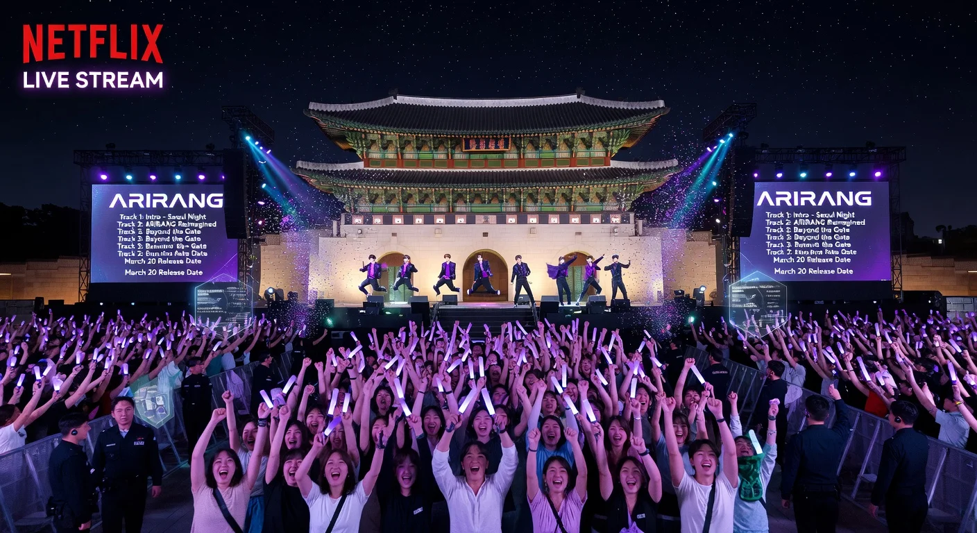 BTS performs at Gwanghwamun Square comeback concert announcing 'ARIRANG' album, with huge fan crowd and enhanced security.