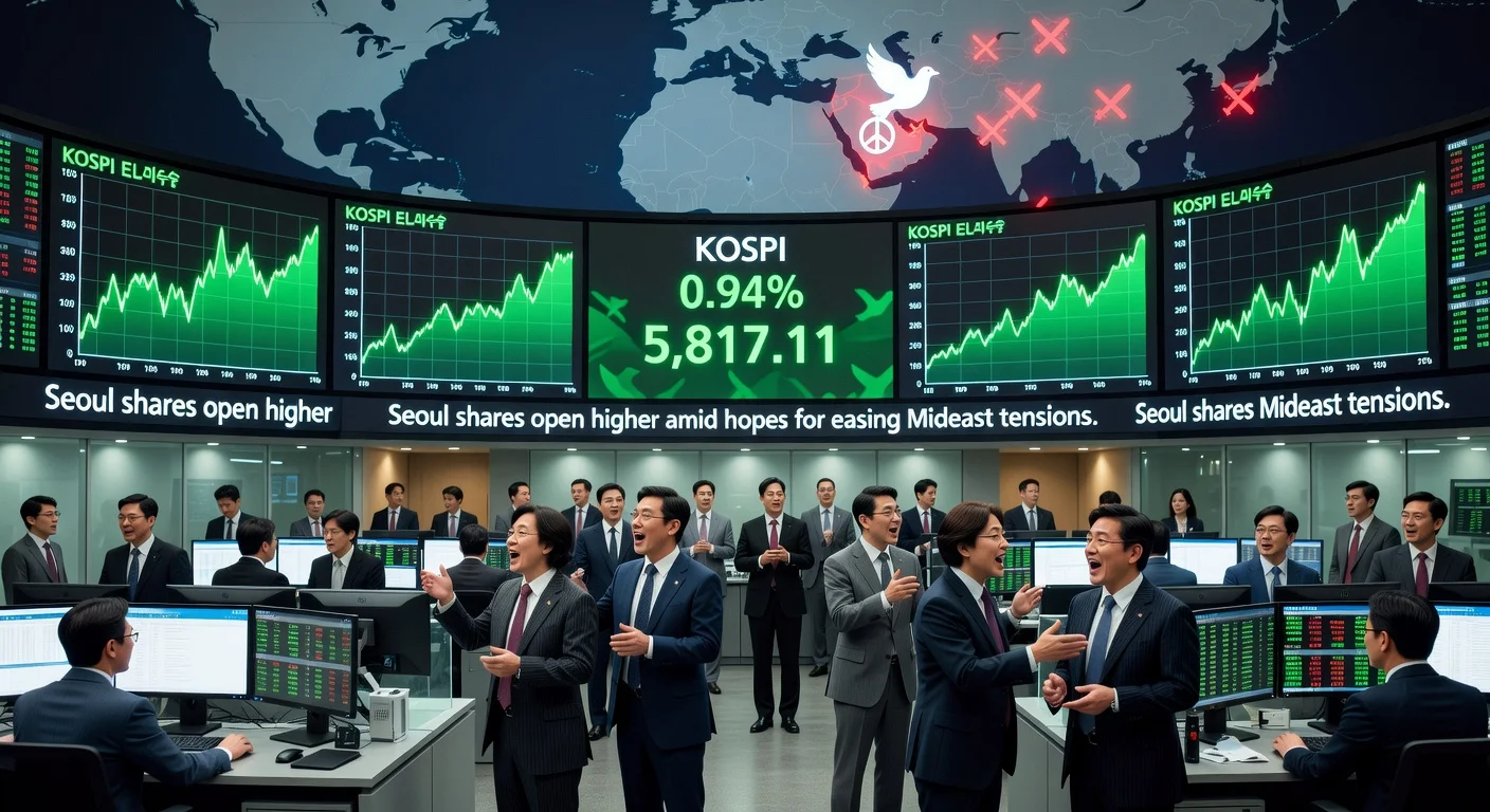 Seoul stock traders celebrate KOSPI rise amid Mideast peace hopes, trading floor with green upward charts.