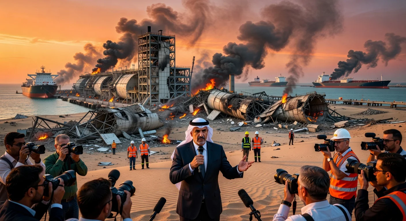 Damaged Ras Laffan LNG facilities in Qatar after Iranian attack, with QatarEnergy CEO addressing the media amid smoke and wreckage.