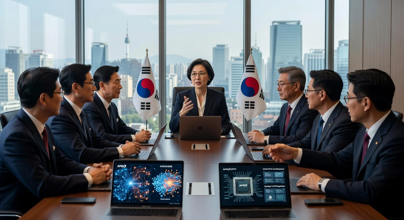 AMD CEO Lisa Su in a meeting with South Korean officials, Samsung executives, and AI startup leaders discussing AI partnerships.