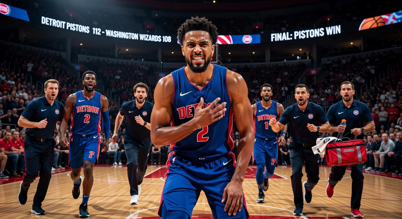 Detroit Pistons guard Cade Cunningham clutches his chest in pain on the court after suffering a collapsed lung during a game.