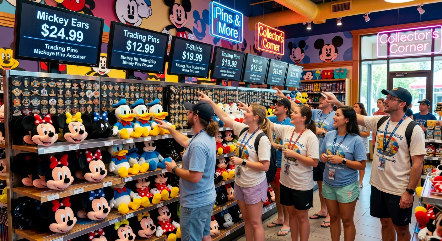 Digital pricing displays above Disney souvenirs in a Disney Springs shop, highlighting Walt Disney World's new merchandise price signs.