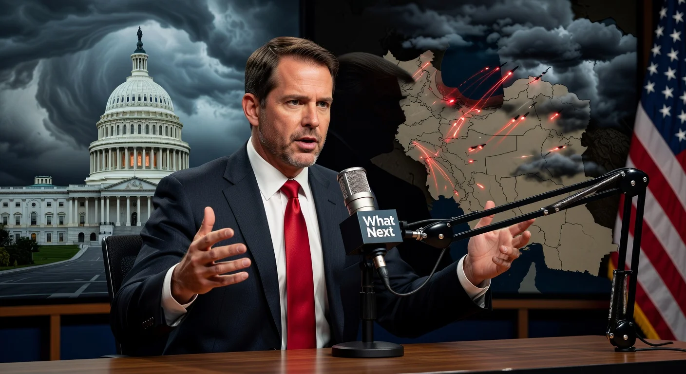 Former Rep. Adam Kinzinger criticizes Trump’s Iran policy on Slate’s 'What Next' podcast, illustrated with Capitol, Iran map, and tension symbols.