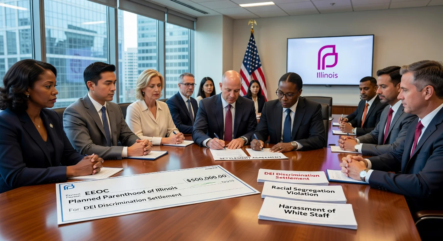 Illustration of Planned Parenthood Illinois executives signing $500K EEOC settlement over DEI-related racial discrimination claims.