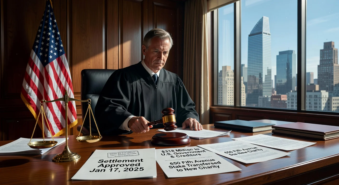 Illustration of a federal judge approving the Alavi Foundation settlement involving 650 Fifth Avenue, with courtroom documents and Manhattan skyline view.