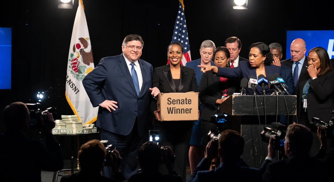 Illustration depicting Gov. JB Pritzker backing Juliana Stratton's Illinois Senate primary win amid criticism from Congressional Black Caucus members supporting Rep. Robin Kelly.