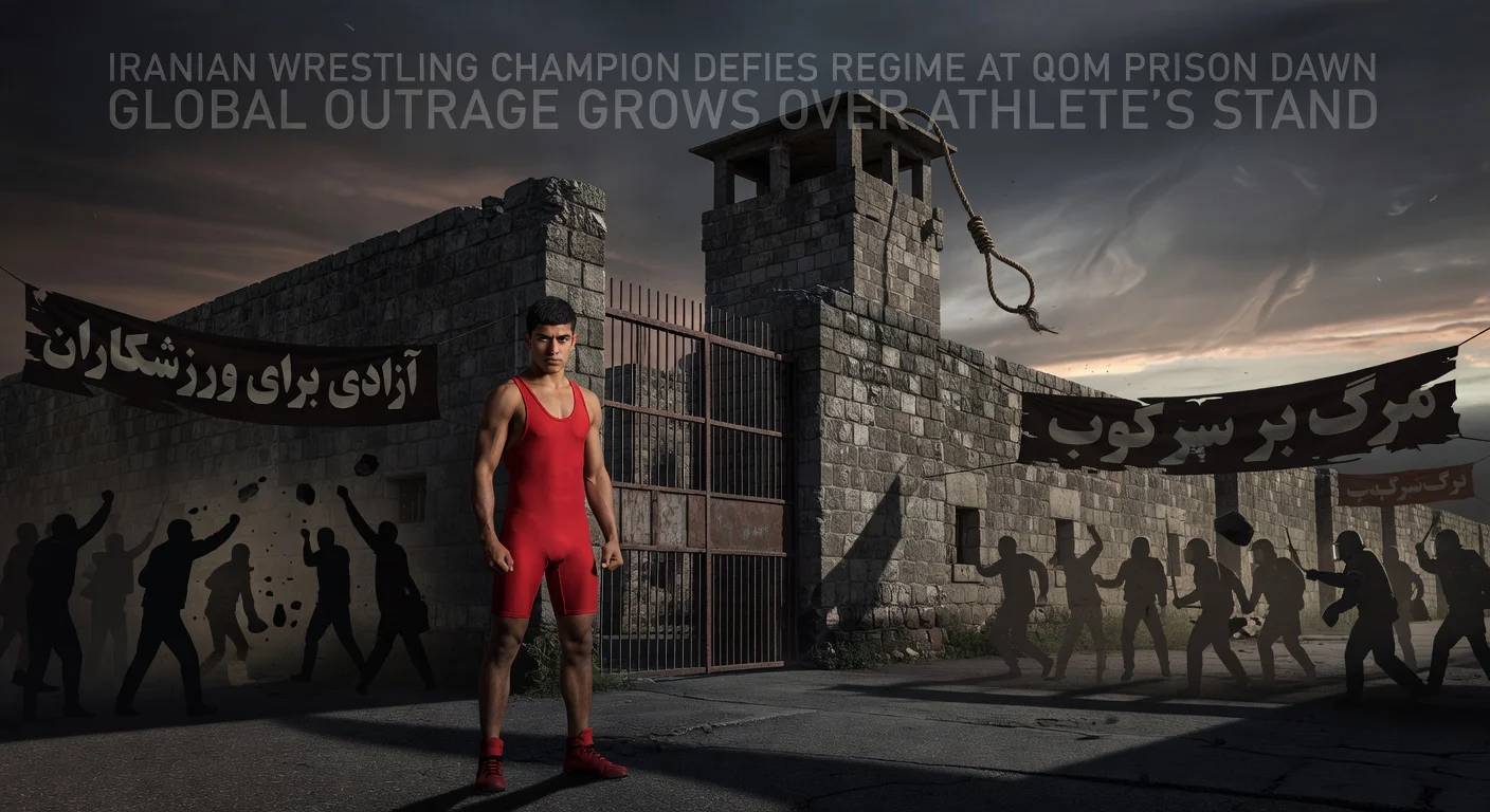 Realistic illustration of executed 19-year-old Iranian wrestler Saleh Mohammadi outside Qom Prison, symbolizing protest crackdown and international condemnation.
