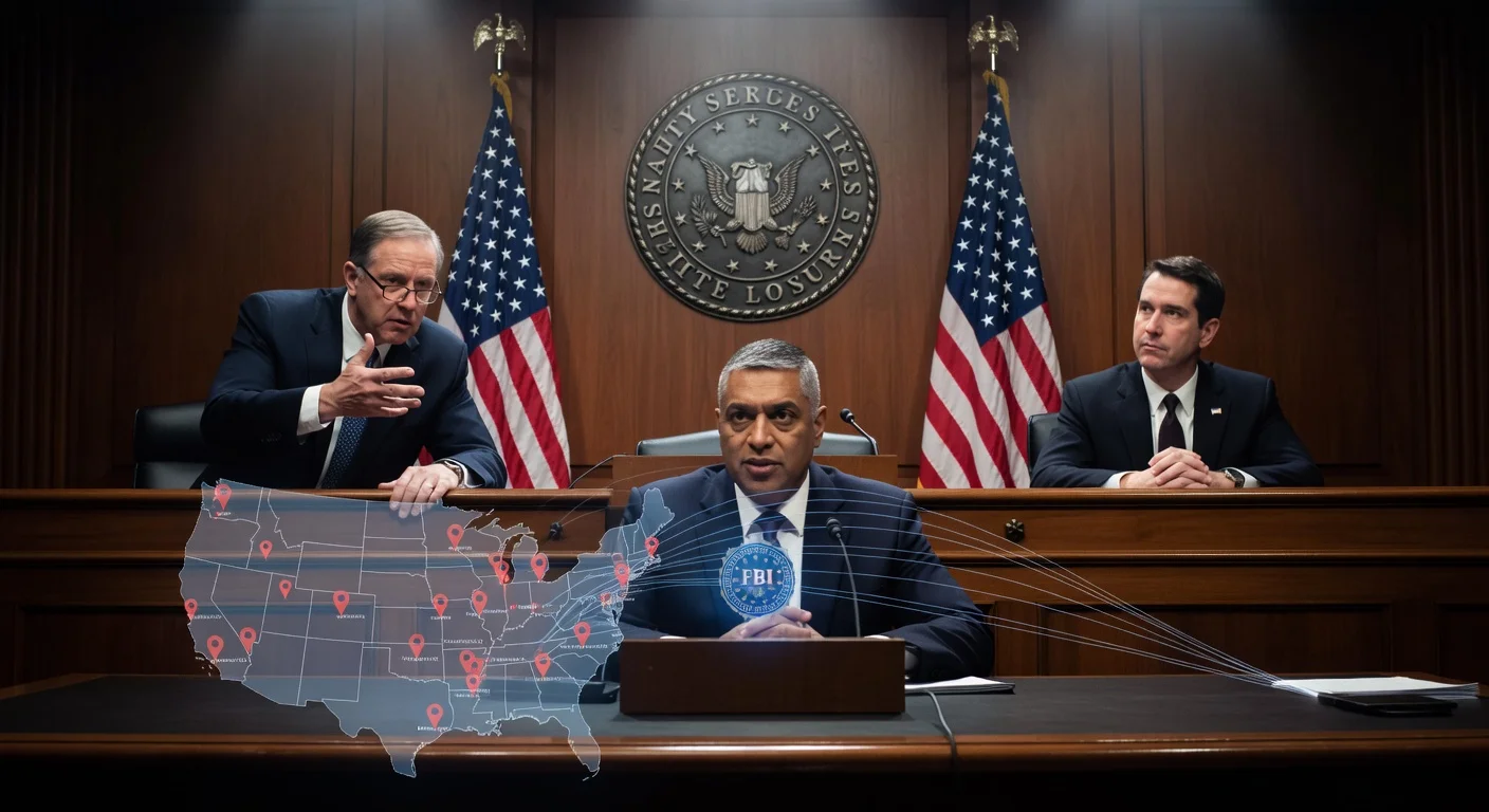 Illustration depicting FBI Director Kash Patel testifying on location data purchases during a Senate hearing, with symbolic tracking map overlays.
