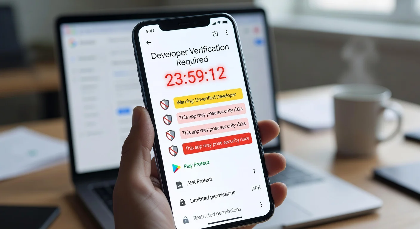 Android smartphone screen illustrating Google's 24-hour sideloading process for unverified apps, featuring security warnings and timer.