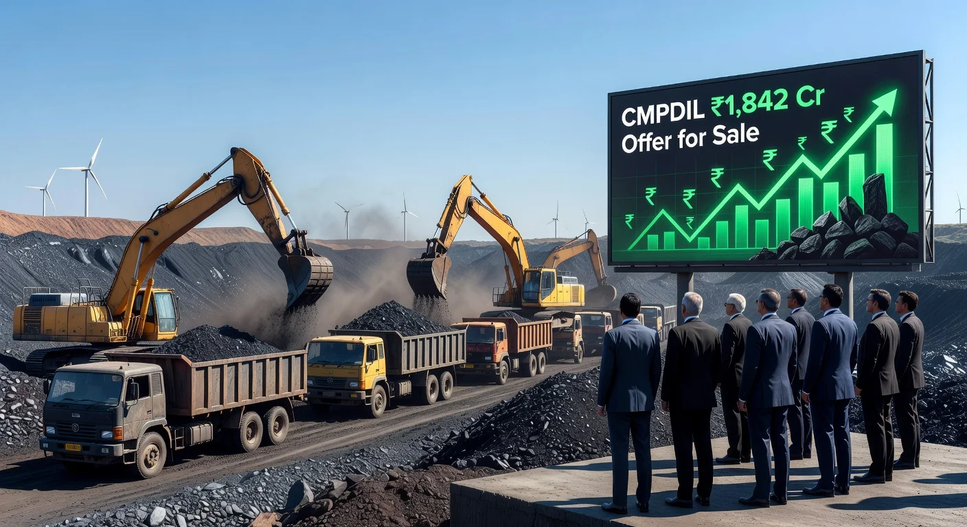 Realistic depiction of CMPDIL coal mine operations with executives announcing a ₹1,842 crore offer for sale, overlaid with stock growth charts and hints of green energy shifts.