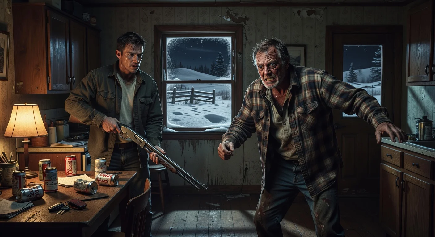 Illustration of a son claiming self-defense in a confrontation with his intoxicated father inside a rural Wyoming home.