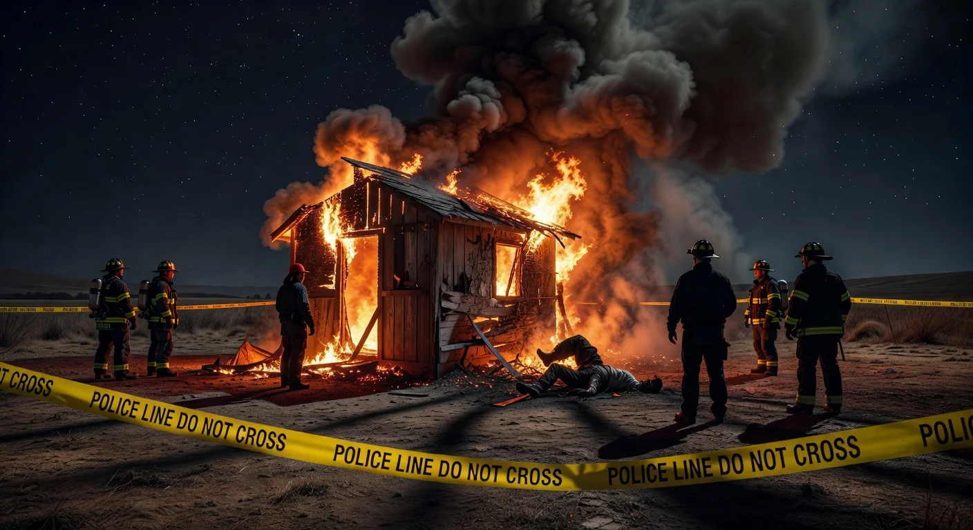 Dramatic illustration of burning shed crime scene in Oregon murder case.