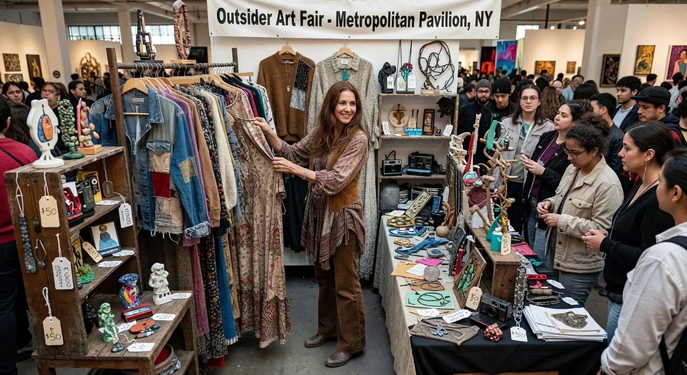 Susan Cianciolo curates her recreated Run Home Store booth at the Outsider Art Fair, displaying unique items from 44 contributors priced $50-$10,000.