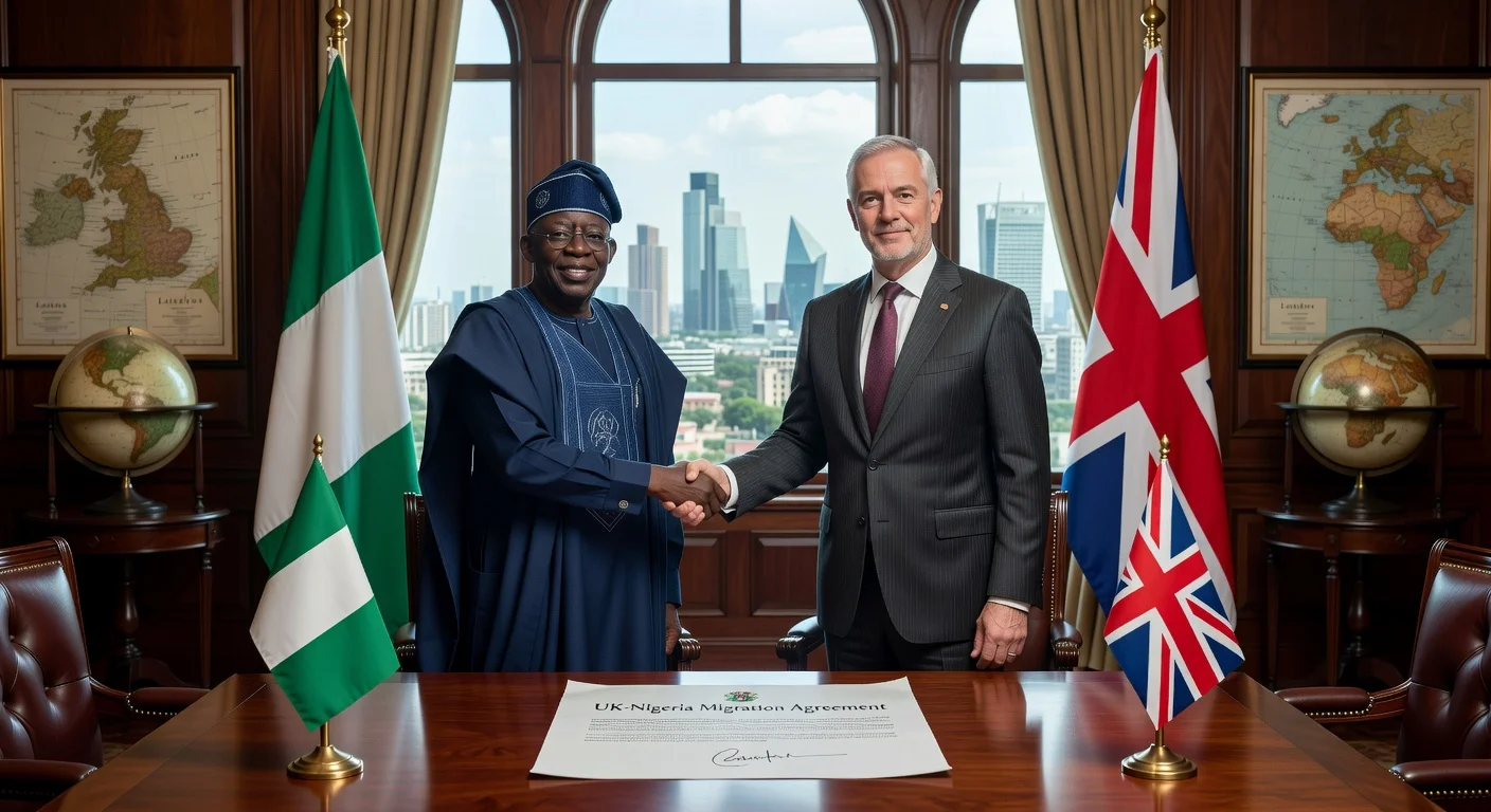 Nigerian President Tinubu shakes hands with UK official over migration agreement document, flags of both nations in background.