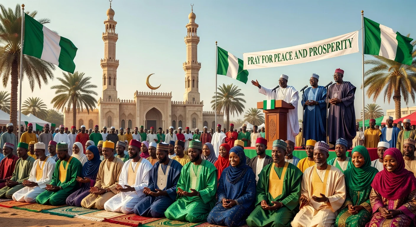 Nigerian leaders, including President Tinubu, urging Muslims to pray for peace during Eid-el-Fitr celebrations at a mosque prayer gathering.