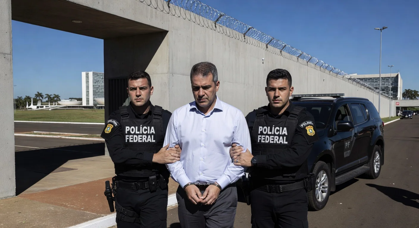 Daniel Vorcaro handcuffed and escorted by Federal Police from Brasília prison during plea bargain transfer.