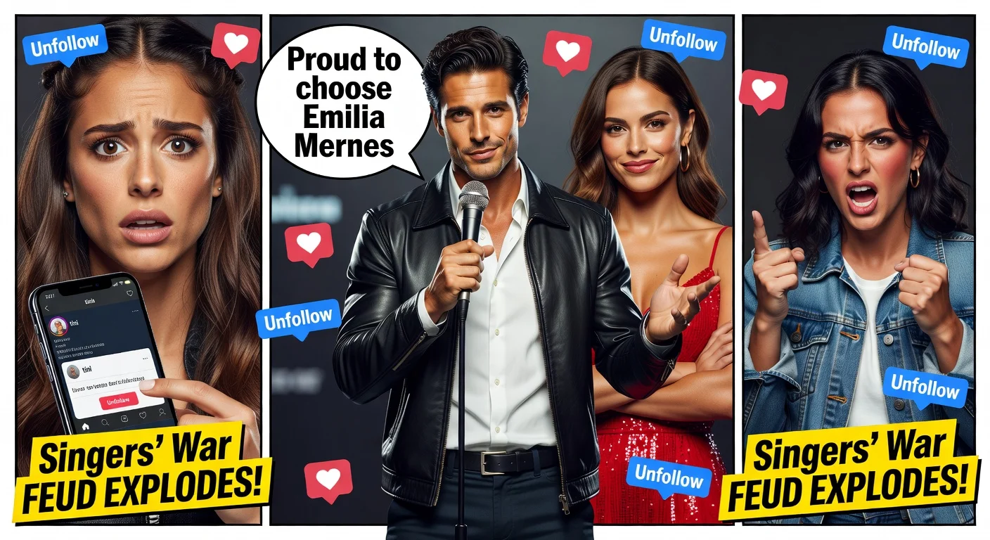 Dramatic illustration of Tini Stoessel's ex-stylist defending Emilia Mernes amid singers' feud, featuring social media unfollows and celebrity portraits.