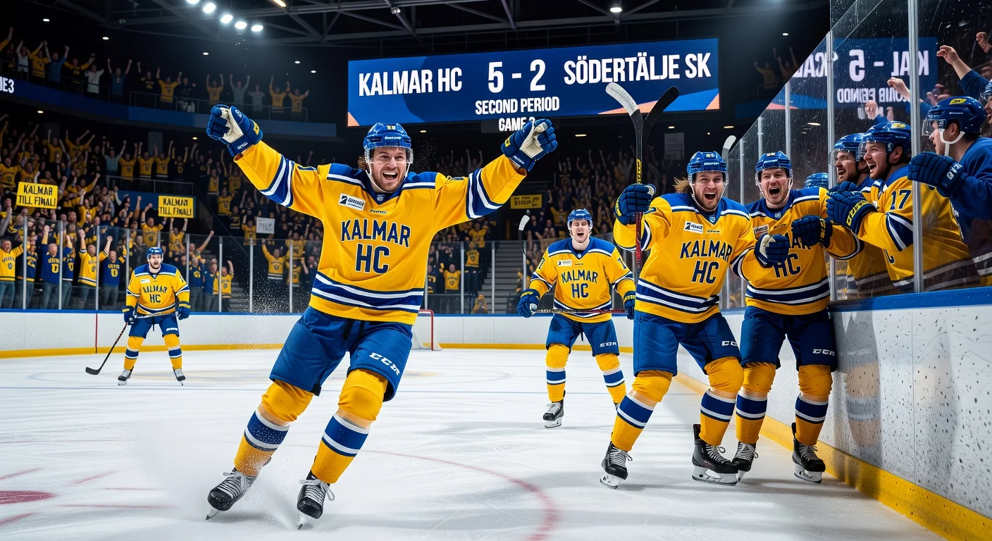 Dramatic illustration of George Diaco's provocative goal celebration amid tension in Kalmar HC's 5-2 quarterfinal win over Södertälje SK.
