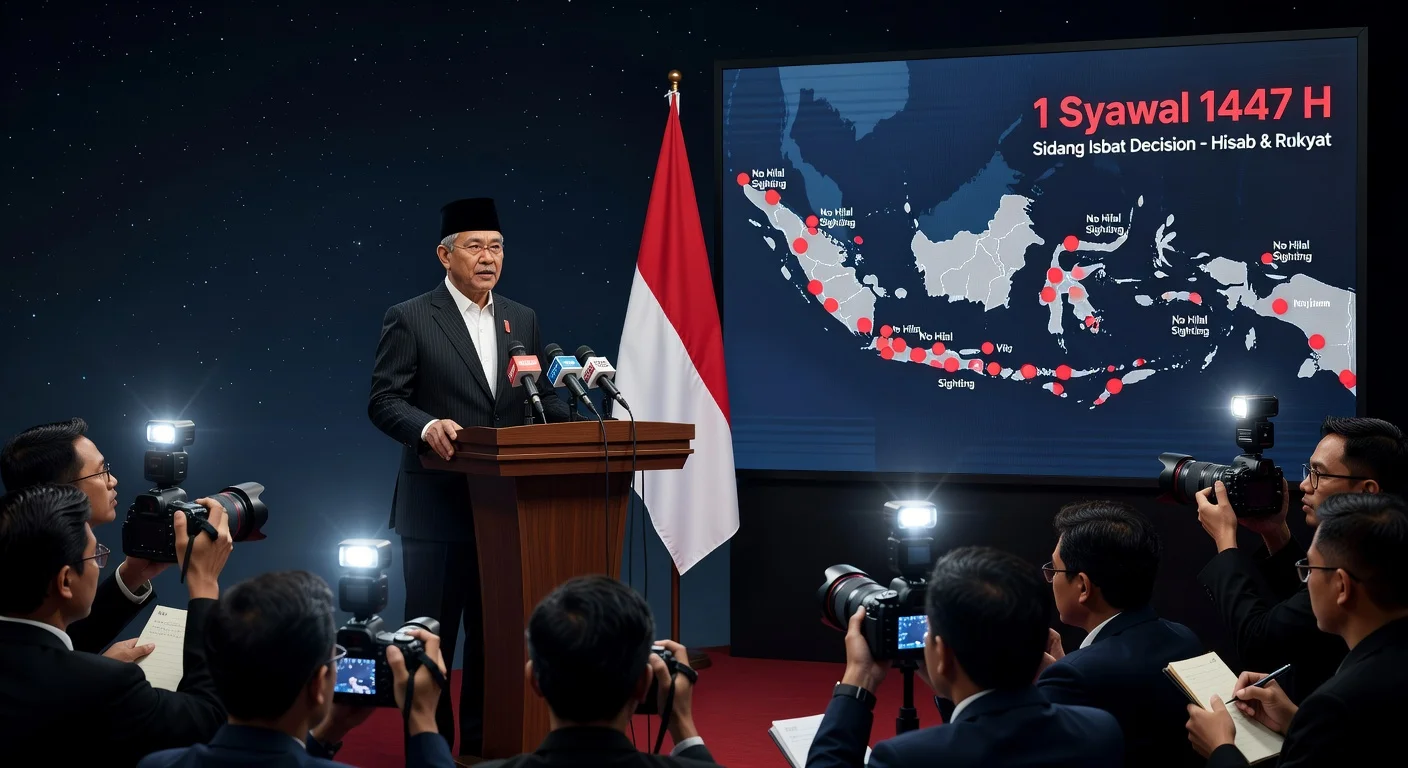 Indonesian minister Nasaruddin Umar announces Idul Fitri 1447 H date at press conference, showing map of unsighted hilal points and calendar.