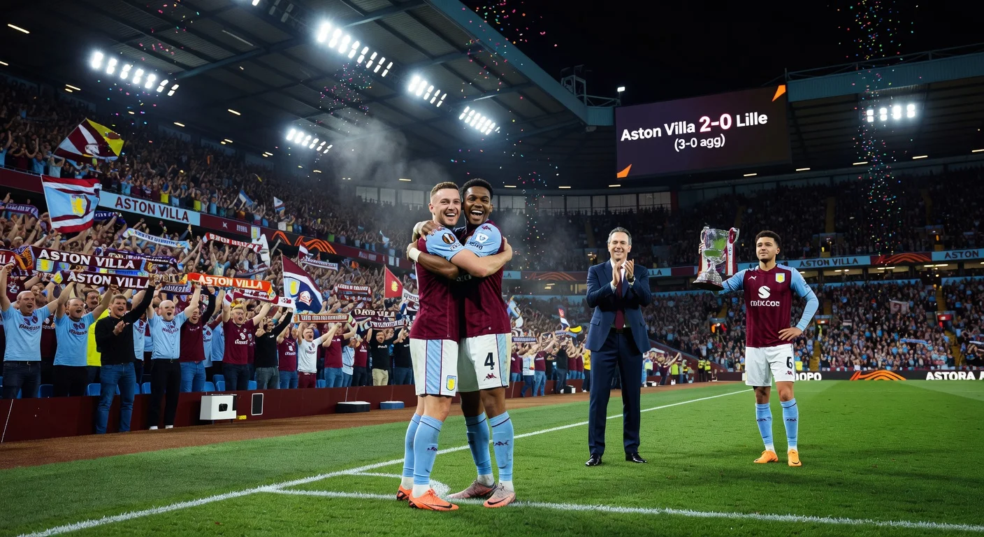 Aston Villa players John McGinn and Leon Bailey celebrate their 2-0 Europa League win over Lille at Villa Park, advancing to quarter-finals.