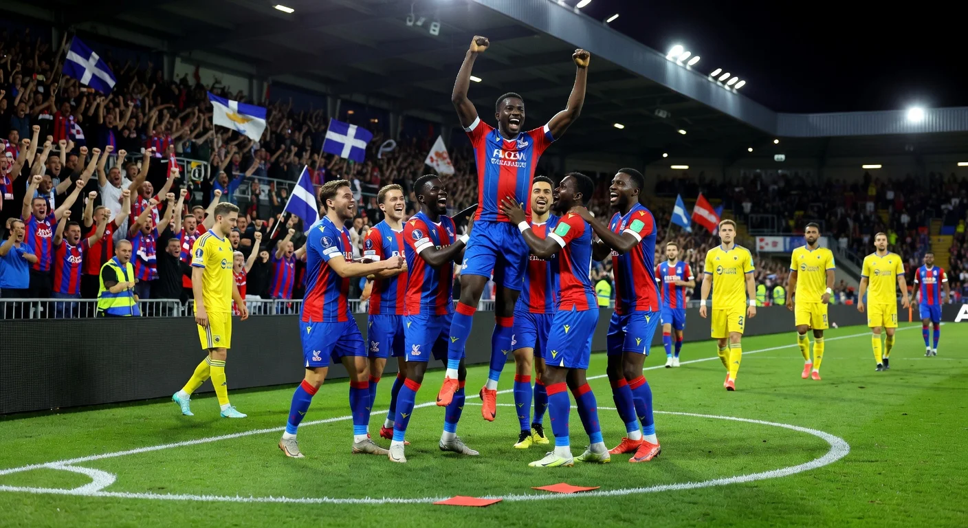 Crystal Palace players, led by goalscorer Ismaila Sarr, celebrate advancing to UEFA Conference League quarter-finals after dramatic win over AEK Larnaca in Cyprus.