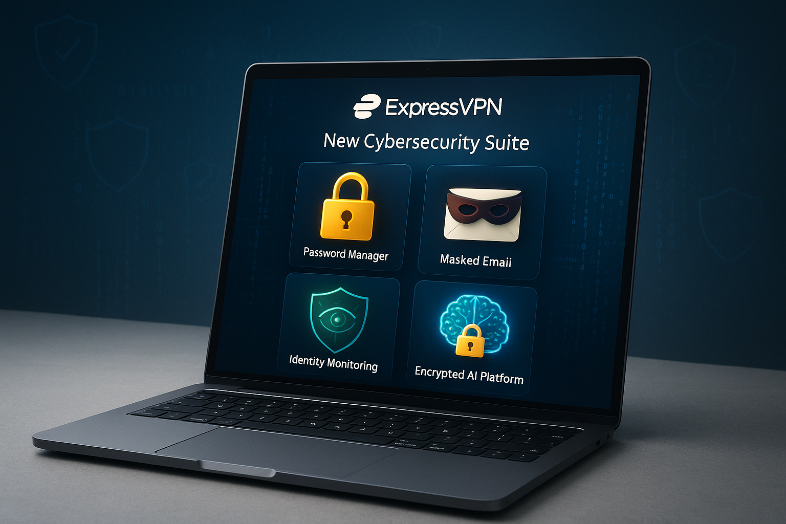 Illustrative graphic of ExpressVPN's new cybersecurity suite featuring password manager, masked email, identity monitoring, and encrypted AI apps on a laptop screen.