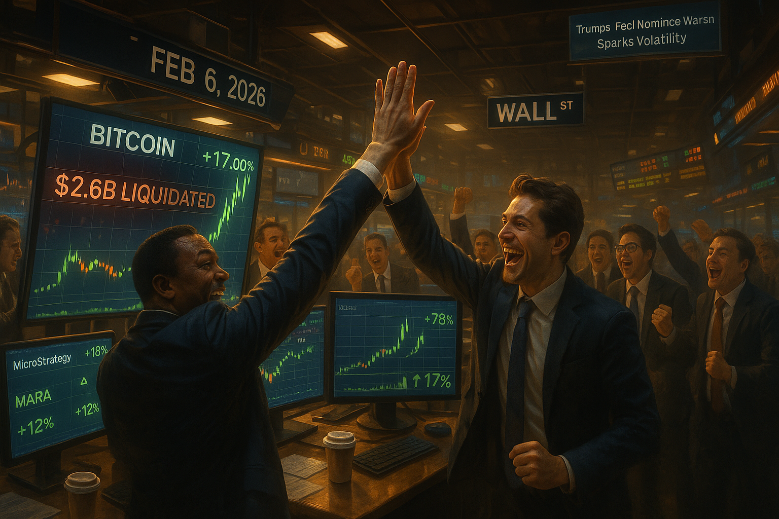 Photorealistic scene of Wall Street traders celebrating Bitcoin's 17% rebound above $70,000 from $60K crash amid Fed nomination volatility.