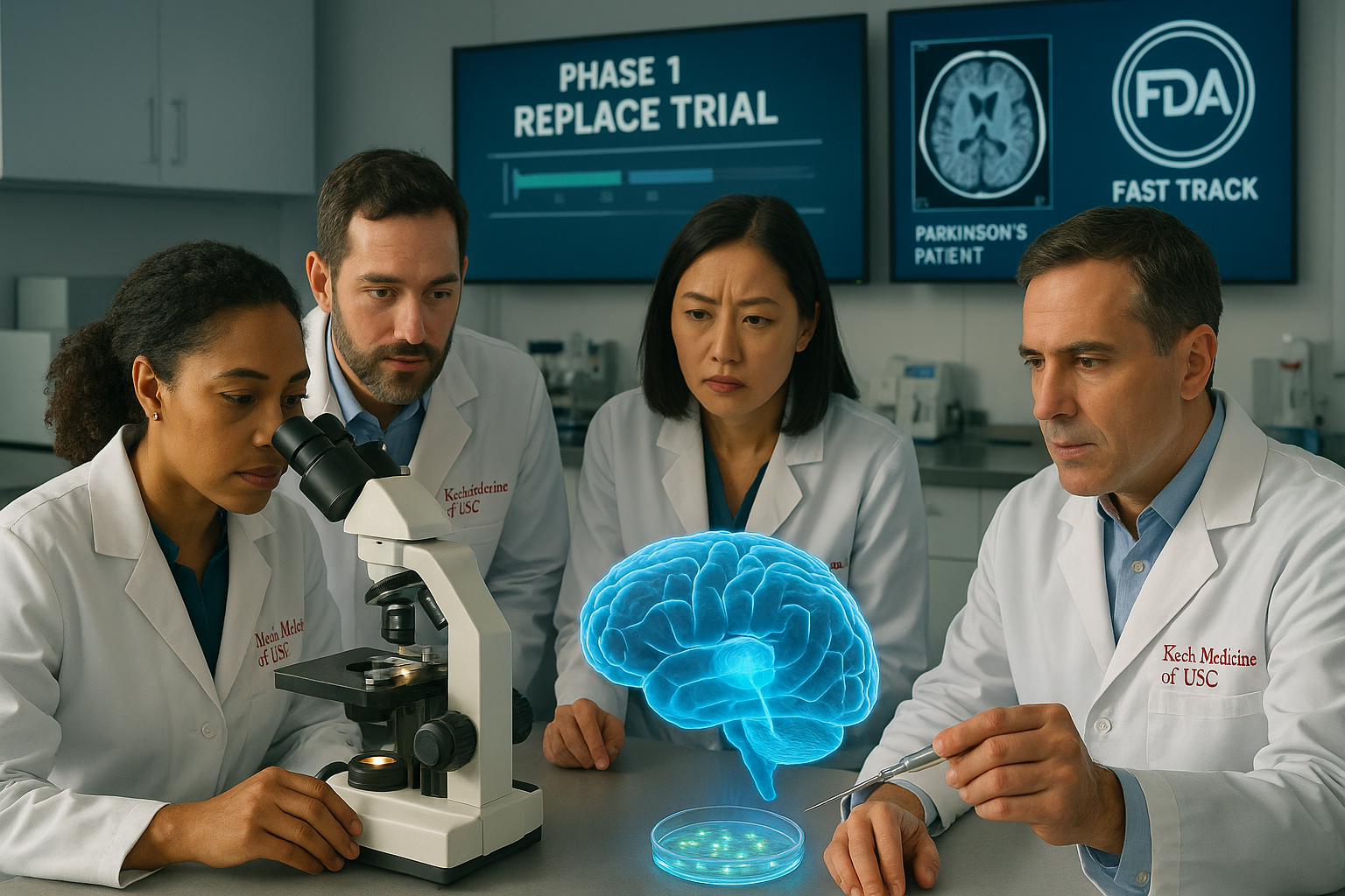 Illustration of USC researchers preparing dopamine-producing stem cell implants for early-stage Parkinson’s trial.