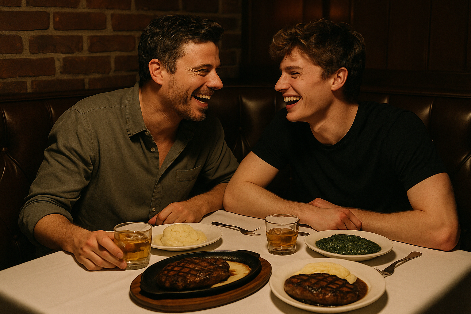François Arnaud and Connor Storrie sharing laughs in a cozy restaurant booth, sparking off-screen romance rumors.