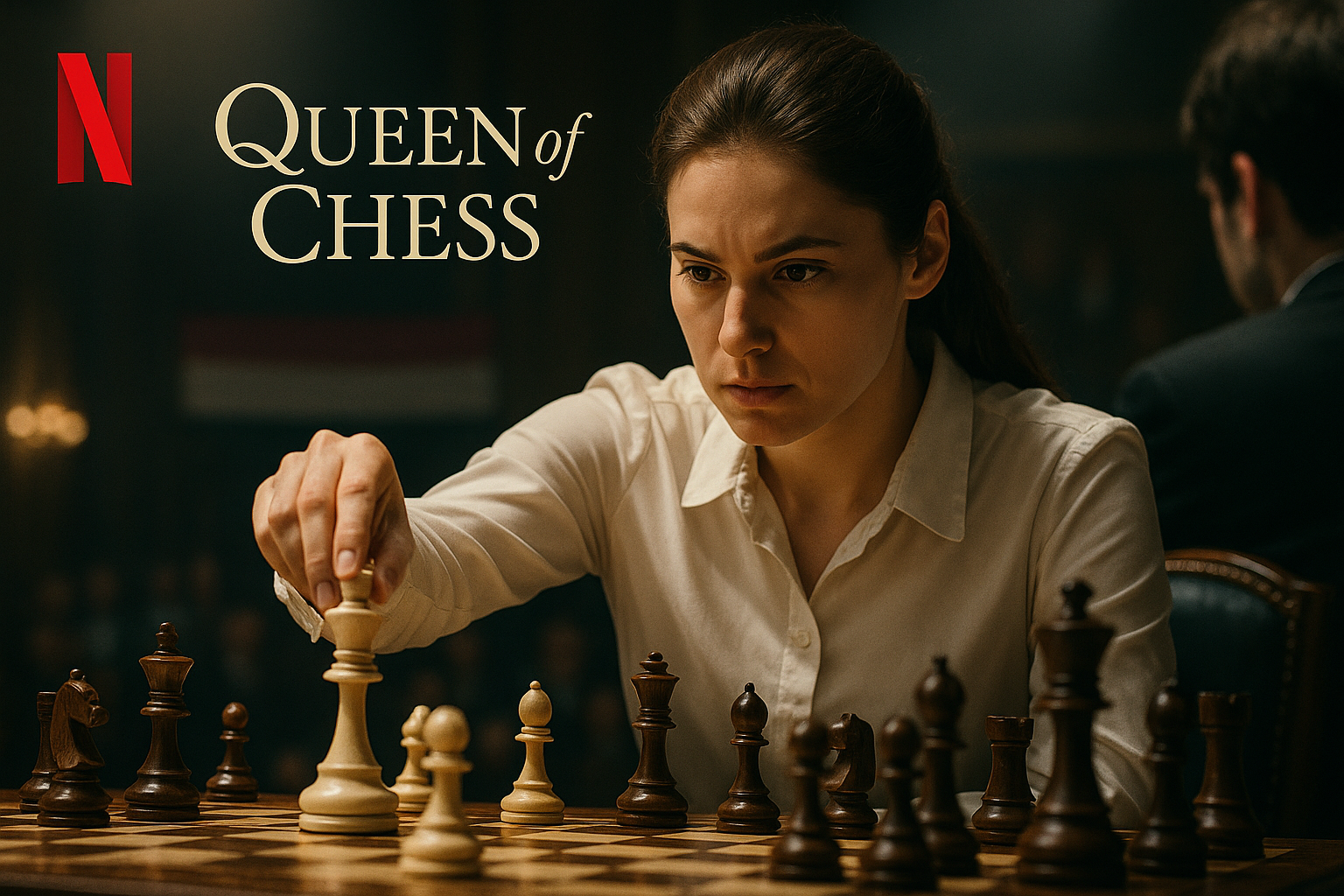 Judit Polgár intensely playing chess in a dramatic match, with Netflix 'Queen of Chess' documentary branding for news illustration.