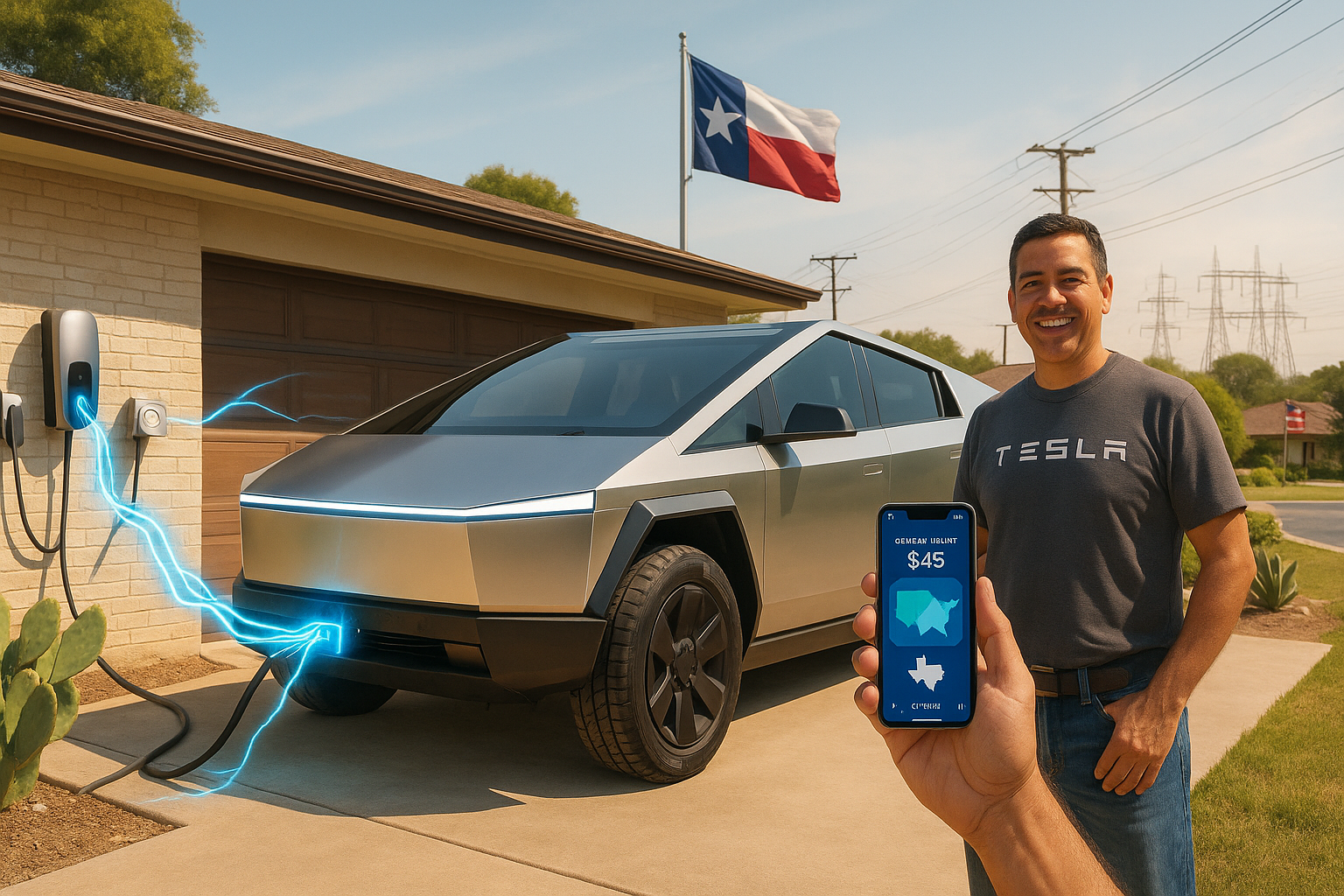 Tesla Cybertruck in Texas sending power back to the grid via Powershare program, owner earning bill credits on smartphone app.