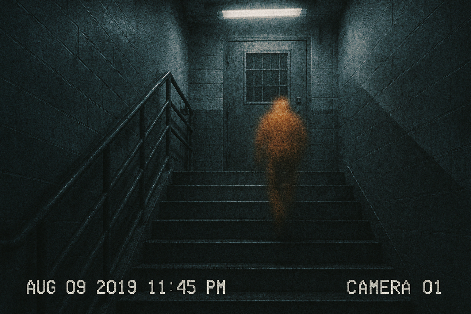 Grainy surveillance still from DOJ records showing an orange-colored shape on stairs near Epstein's jail tier, amid disputed video interpretations.