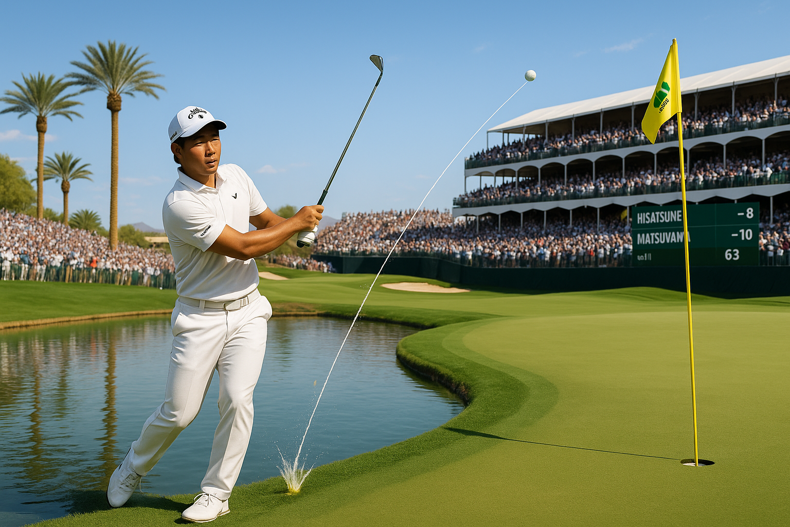 Ryo Hisatsune chips in for birdie from water's edge on 17th hole to lead WM Phoenix Open after Round 2.