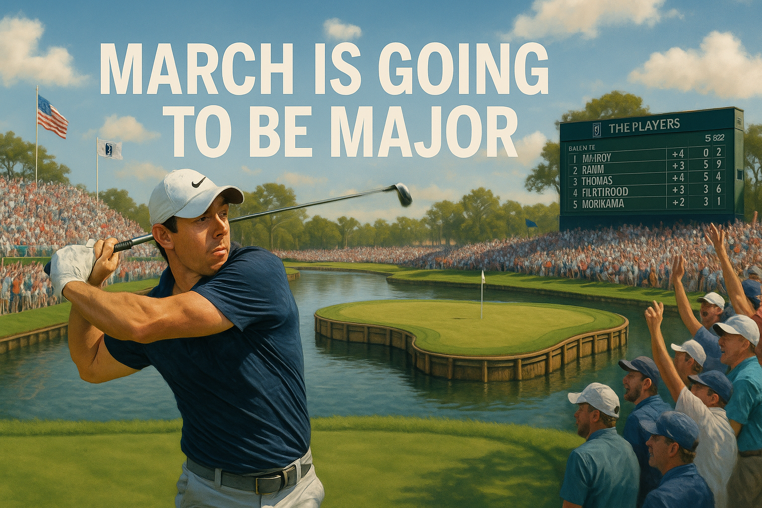 Rory McIlroy swings on the 17th hole at TPC Sawgrass during the Players Championship, with promo tagline suggesting it's golf's fifth major.