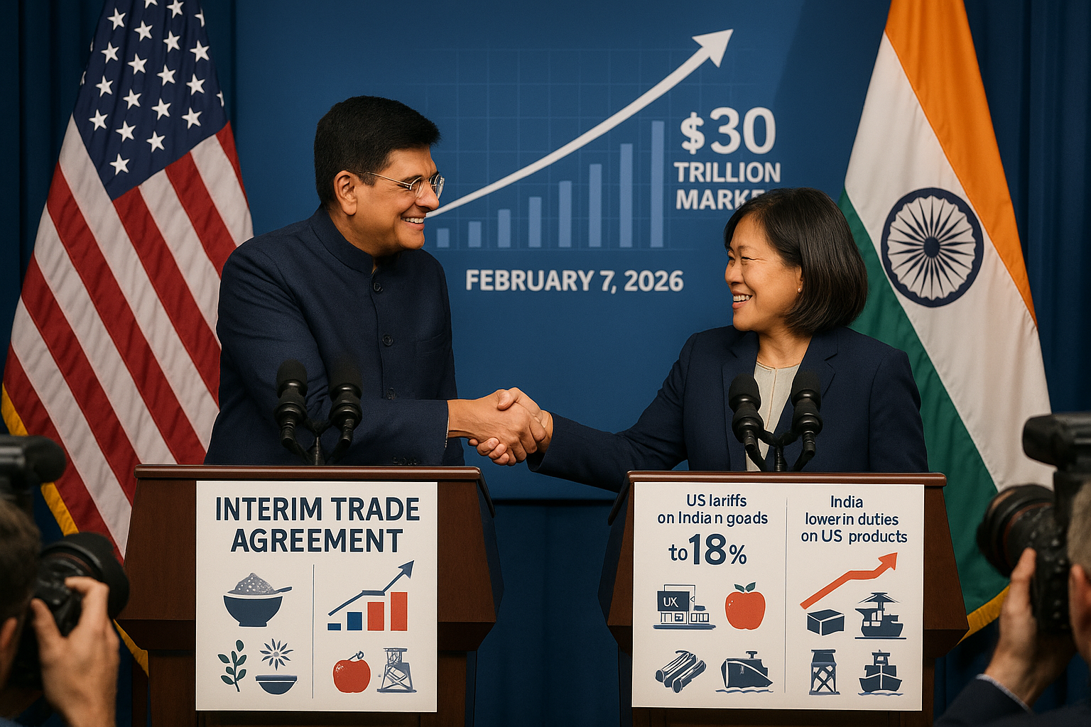 Indian and US officials shake hands unveiling interim trade deal framework, with flags, documents, and trade symbols.
